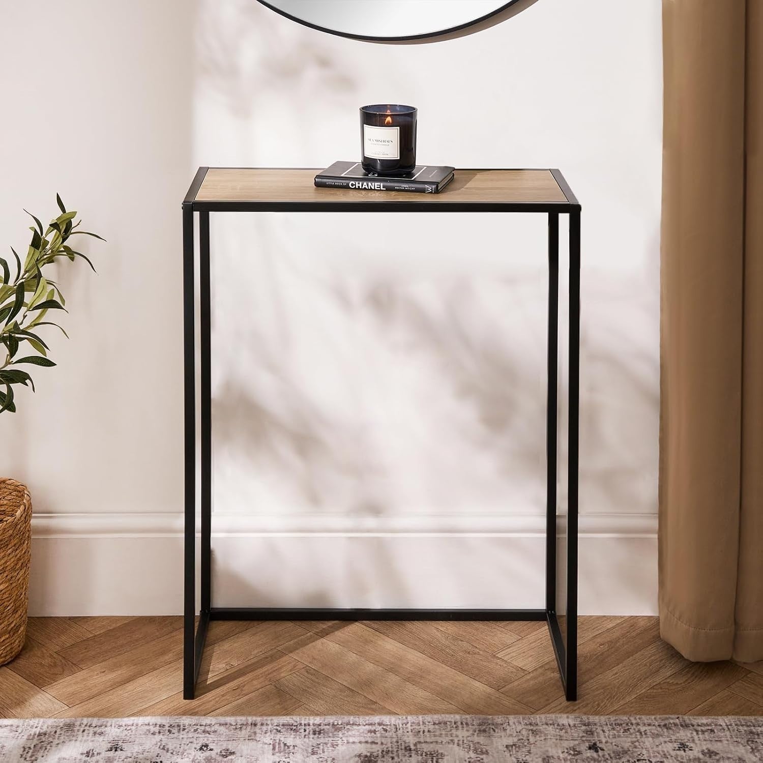 Slim Light Wood Console Table with Metal Frame – Compact Hallway Shelf