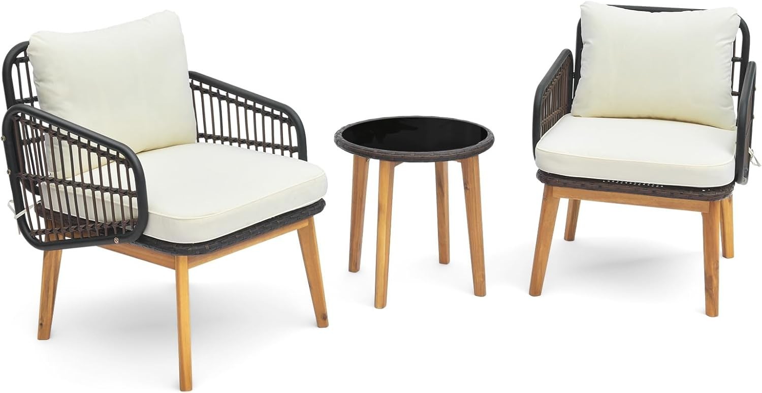 3PC Outdoor Rattan Bistro Set Cushioned Armchairs & Glass Coffee Table