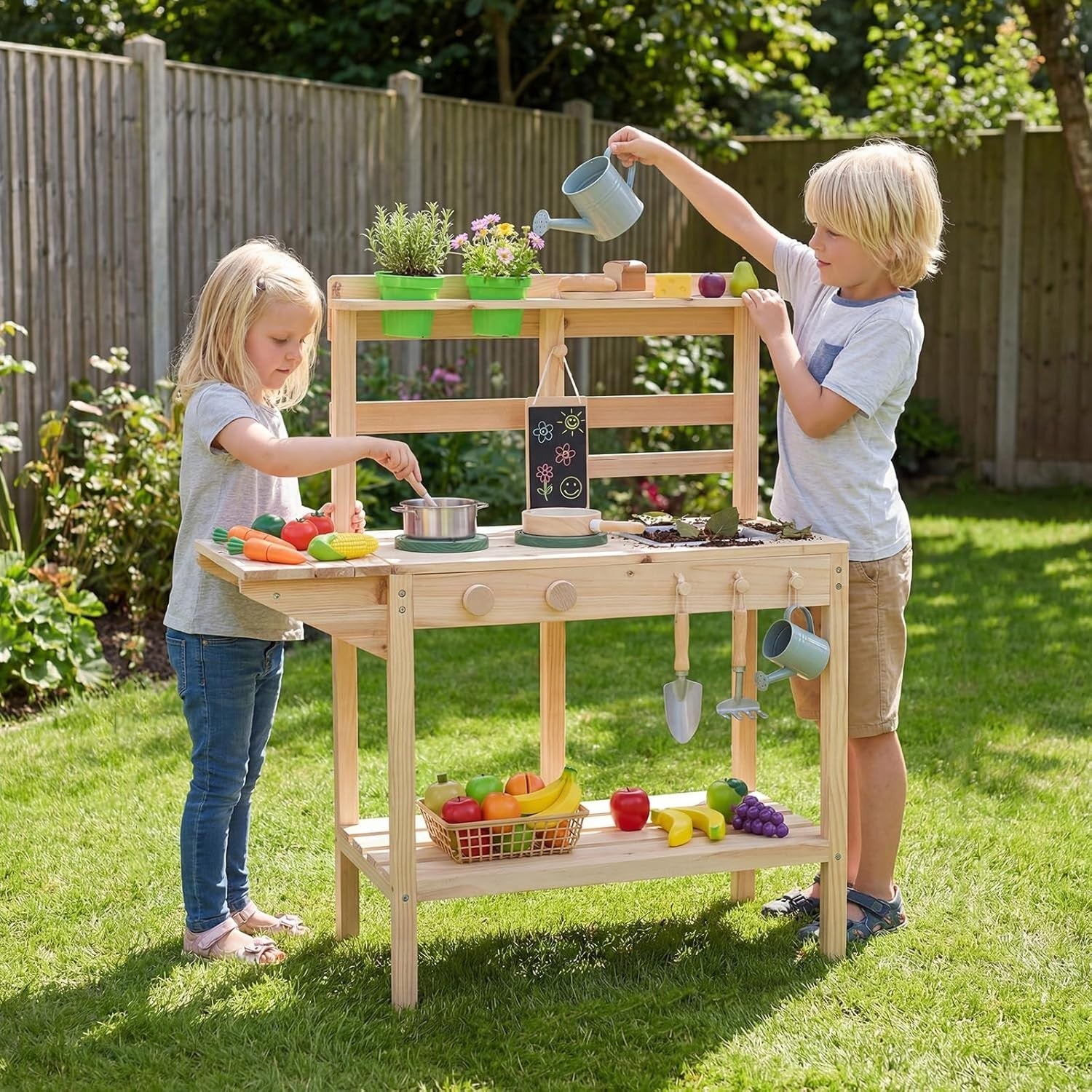 Outdoor Mud Kitchen for Kids Wooden Playset w/ Sink Chalkboard