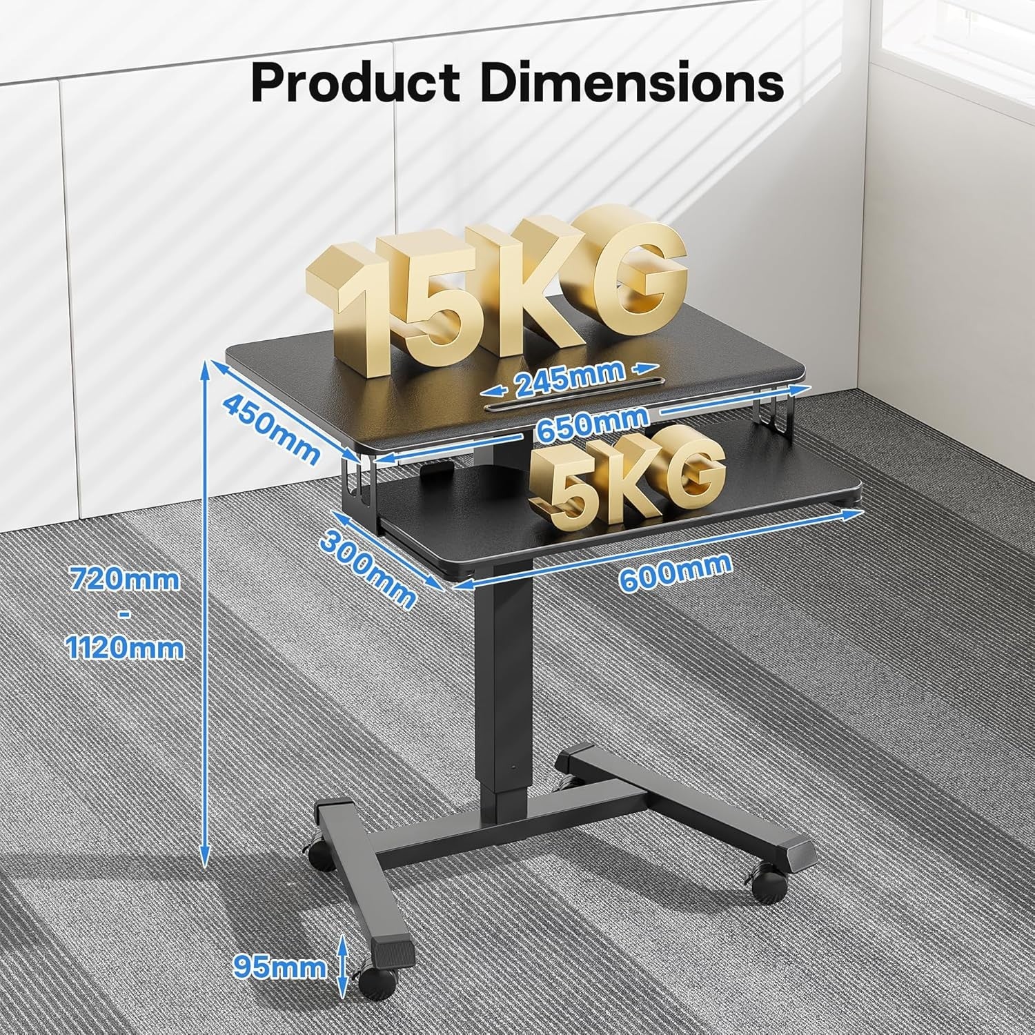 Height Adjustable Mobile Standing Desk on Wheels Laptop Workstation Black