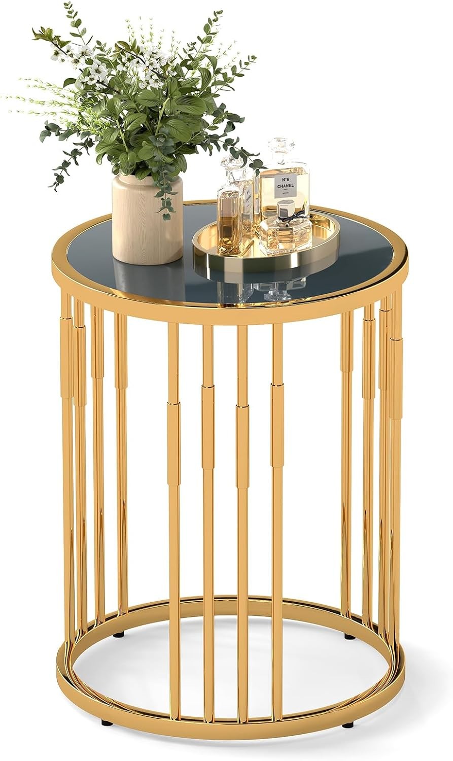 Round Gold Side Table with Glass Top | Modern Accent Sofa End Table 40cm