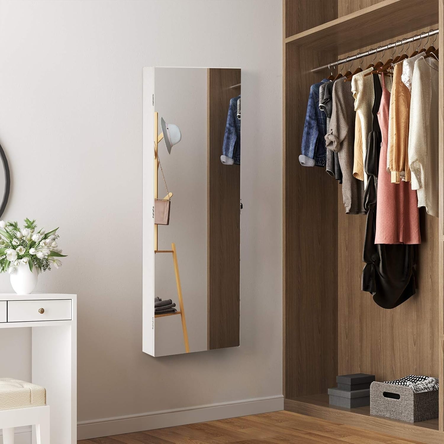 White Extra Wide Mirrored Jewelry Cabinet Lockable Storage Stand