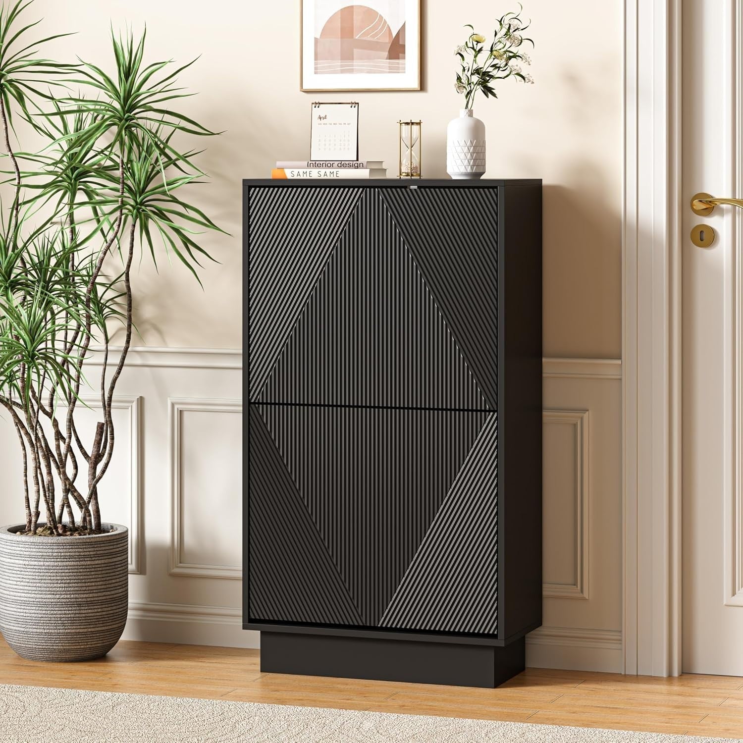 Slim Shoe Storage Cabinet Black | 2 Flip Drawers, Anti-Tip, 91cm Tall