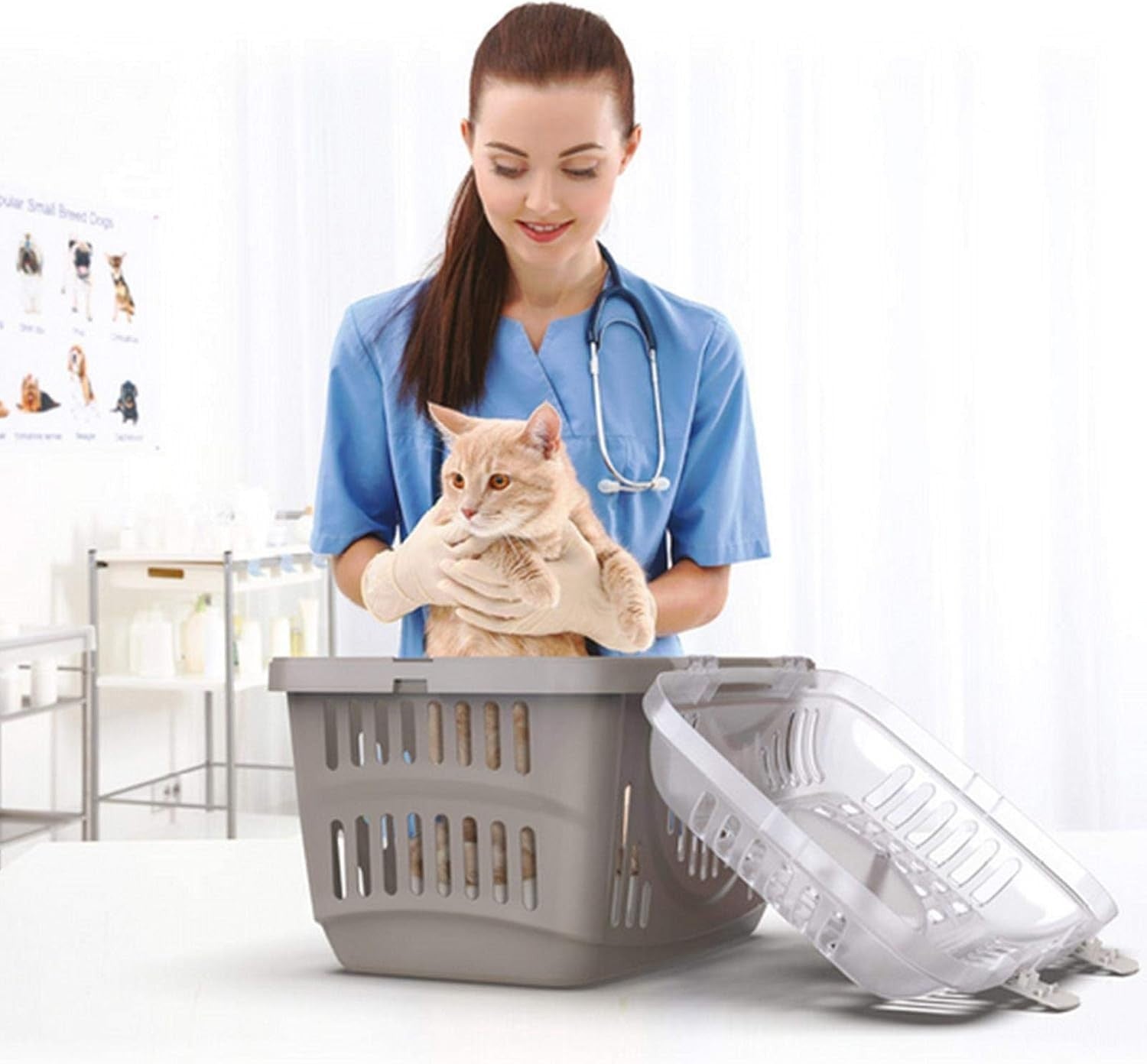 Portable Cat Carrier Basket with Top Lid | Grey Cream Pet Travel Crate Box