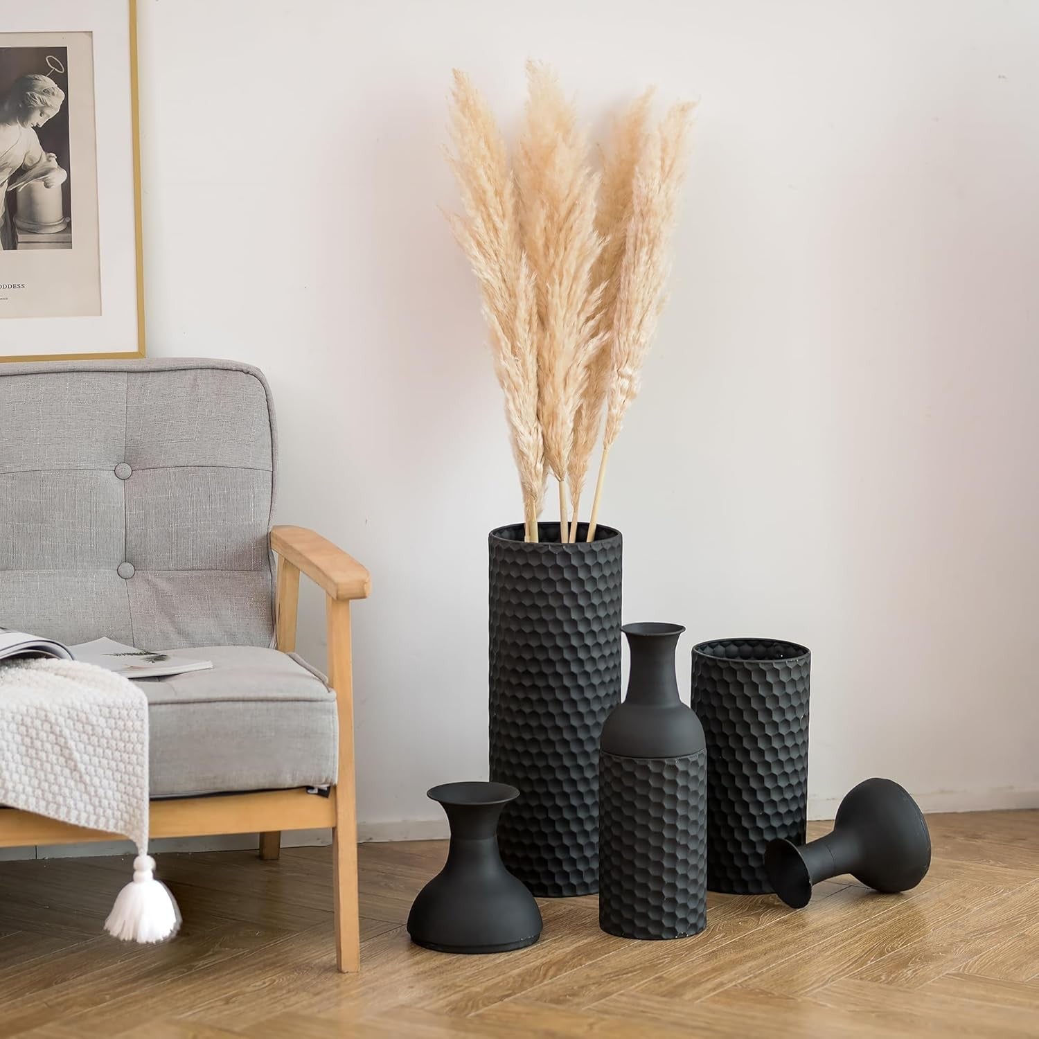 Large Black Floor Vase Set Tall Metal Standing Vases Modern Home Decor