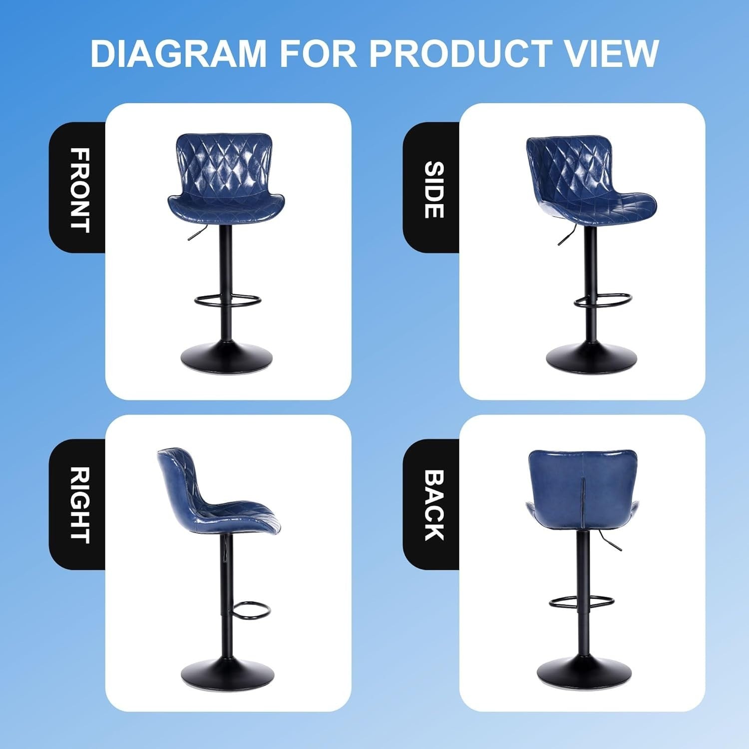Blue Bar Stools Set of 2 | Faux Leather Seat, Adjustable Swivel, Footrest