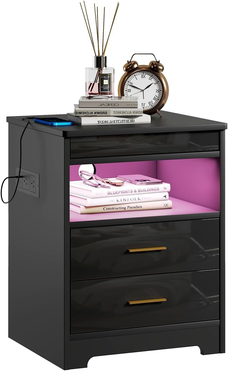 Black LED Bedside Table with USB Charging Ports, Lockable Drawers & RGB Lights
