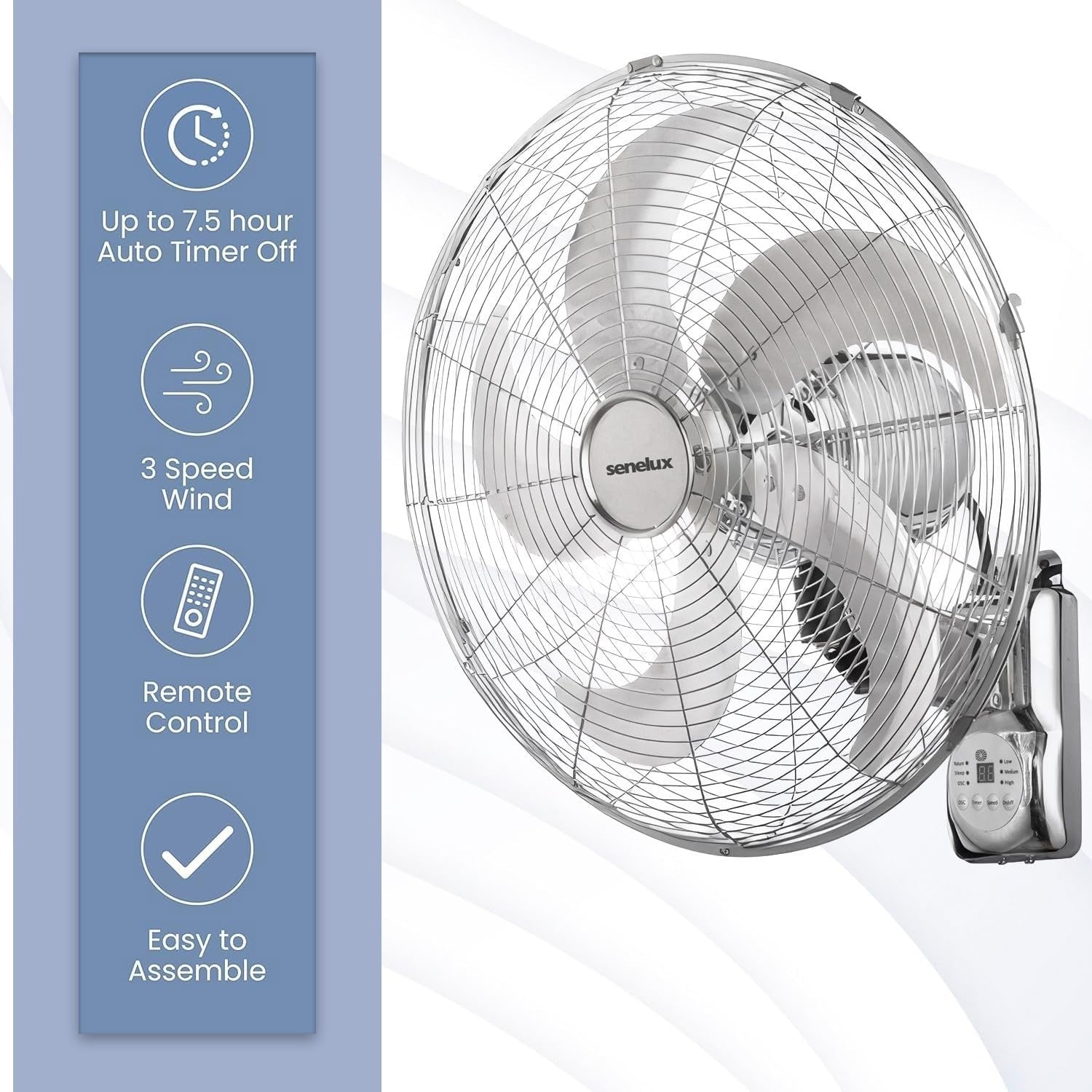 16" Wall Fan – Chrome Remote-Controlled 3-Speed Quiet 50W Oscillating Cooling