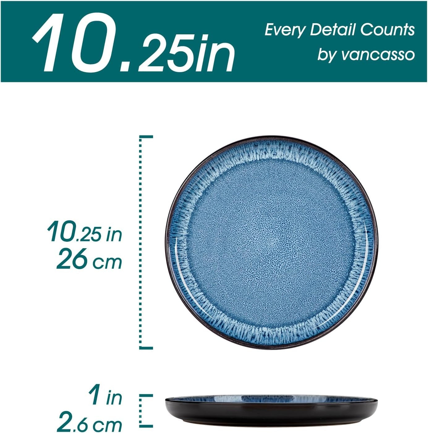 10.25in Blue Ceramic Dinner Plates Set of 6 Scratch Resistant Modern