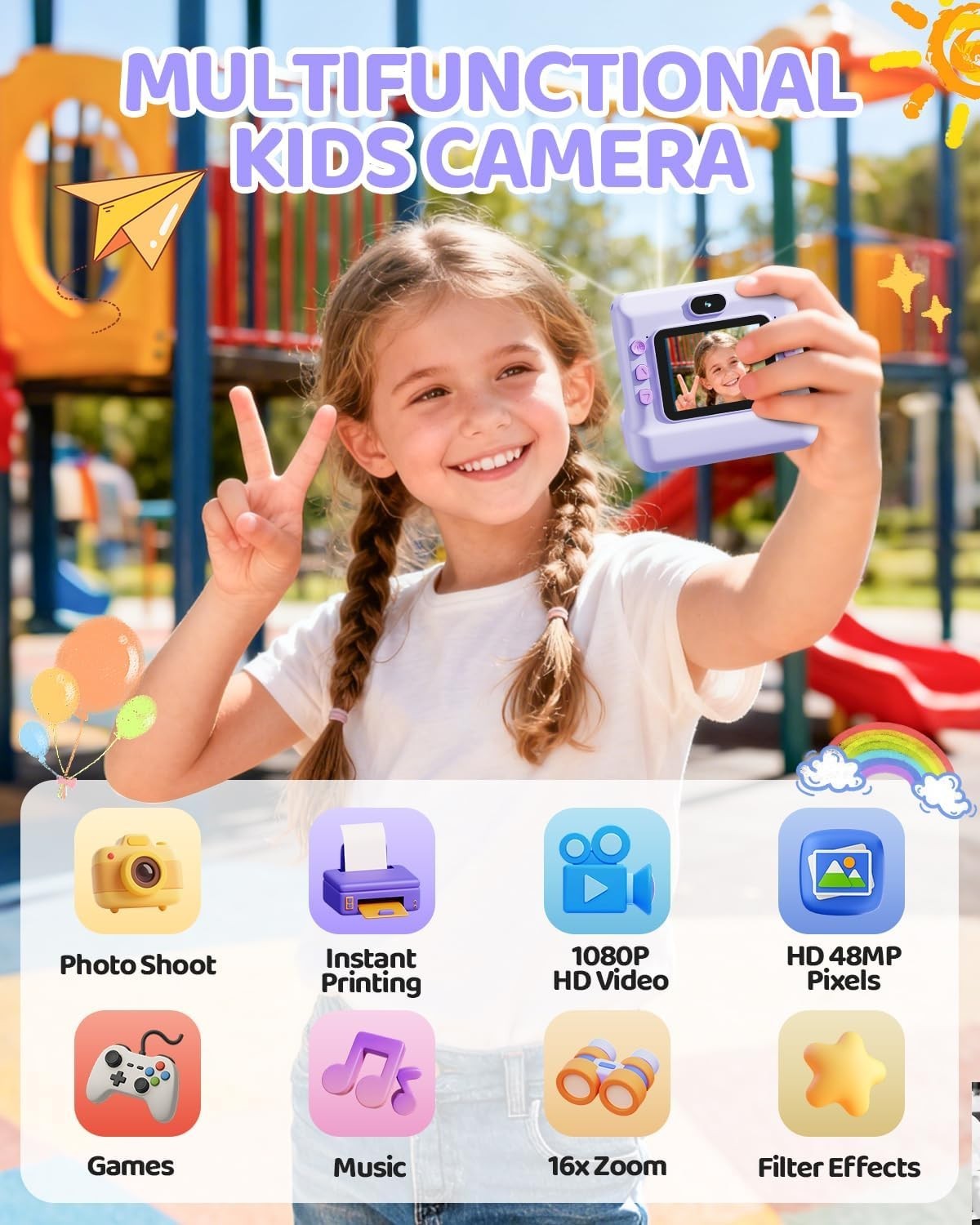 Kids Instant Print Camera 1080P HD Selfie Camera 32GB Card Toy Gift