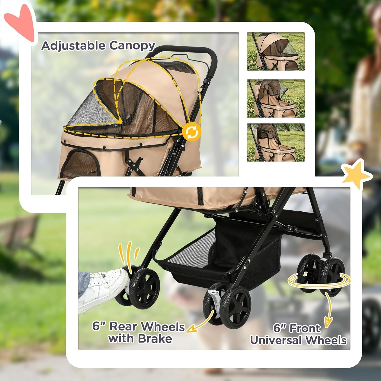 Light Brown Dog Pushchair Foldable Pet Stroller Reversible Handle EVA Wheels