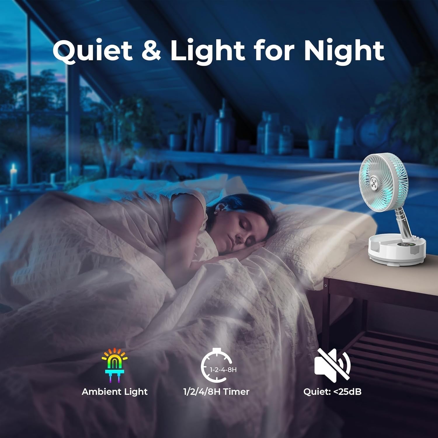 White Camping Fan – 20000mAh Rechargeable 8" Table Fan w/ Light, Timer & Remote