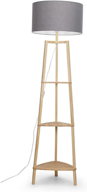 Wooden Floor Lamp with Shelves Grey Shade Storage Standing Light LED