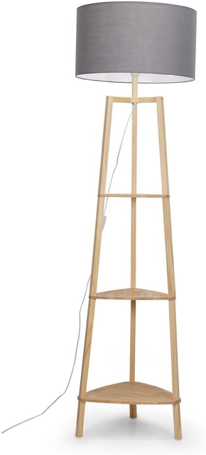 Wooden Floor Lamp with Shelves Grey Shade Storage Standing Light LED