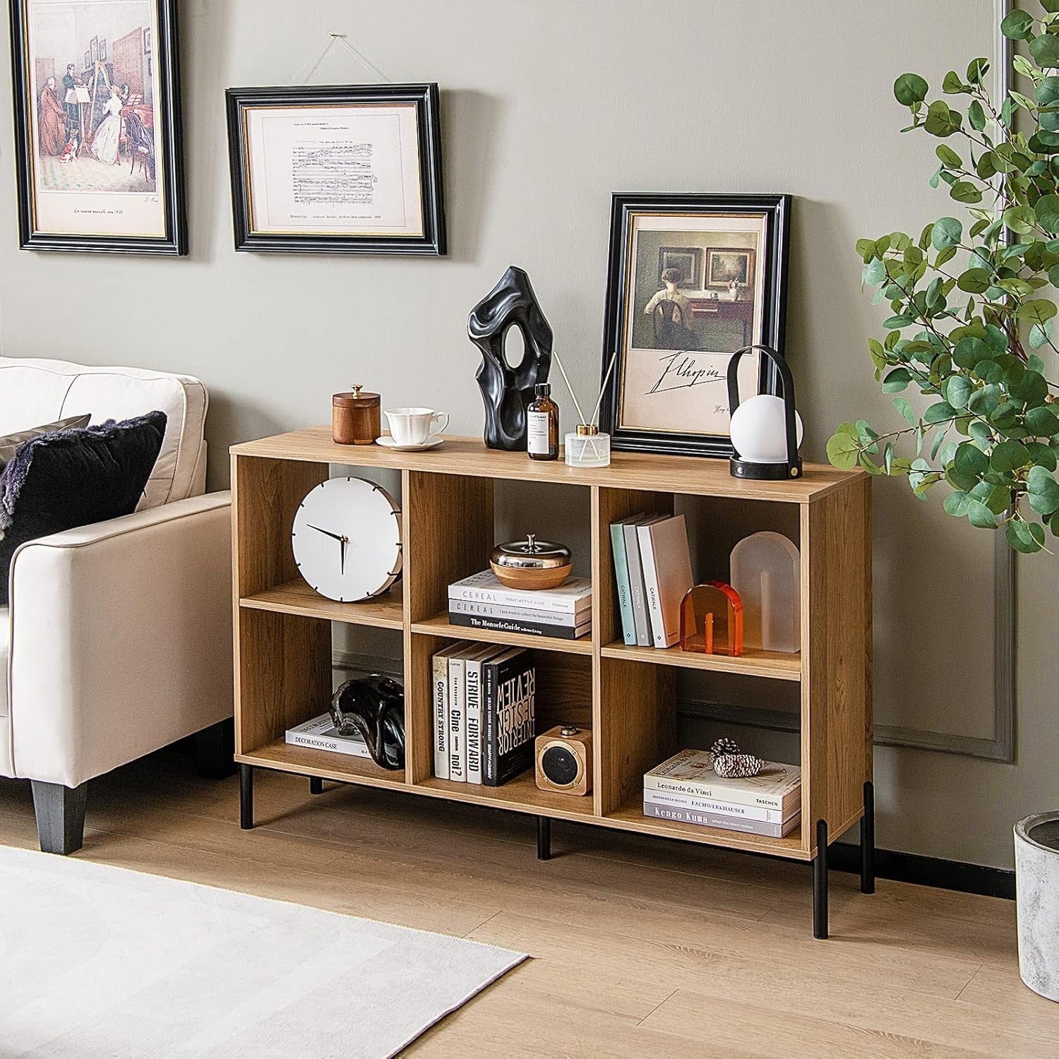 Natural 6-Cube Adjustable Storage Bookcase with Metal Legs 120x35x78cm