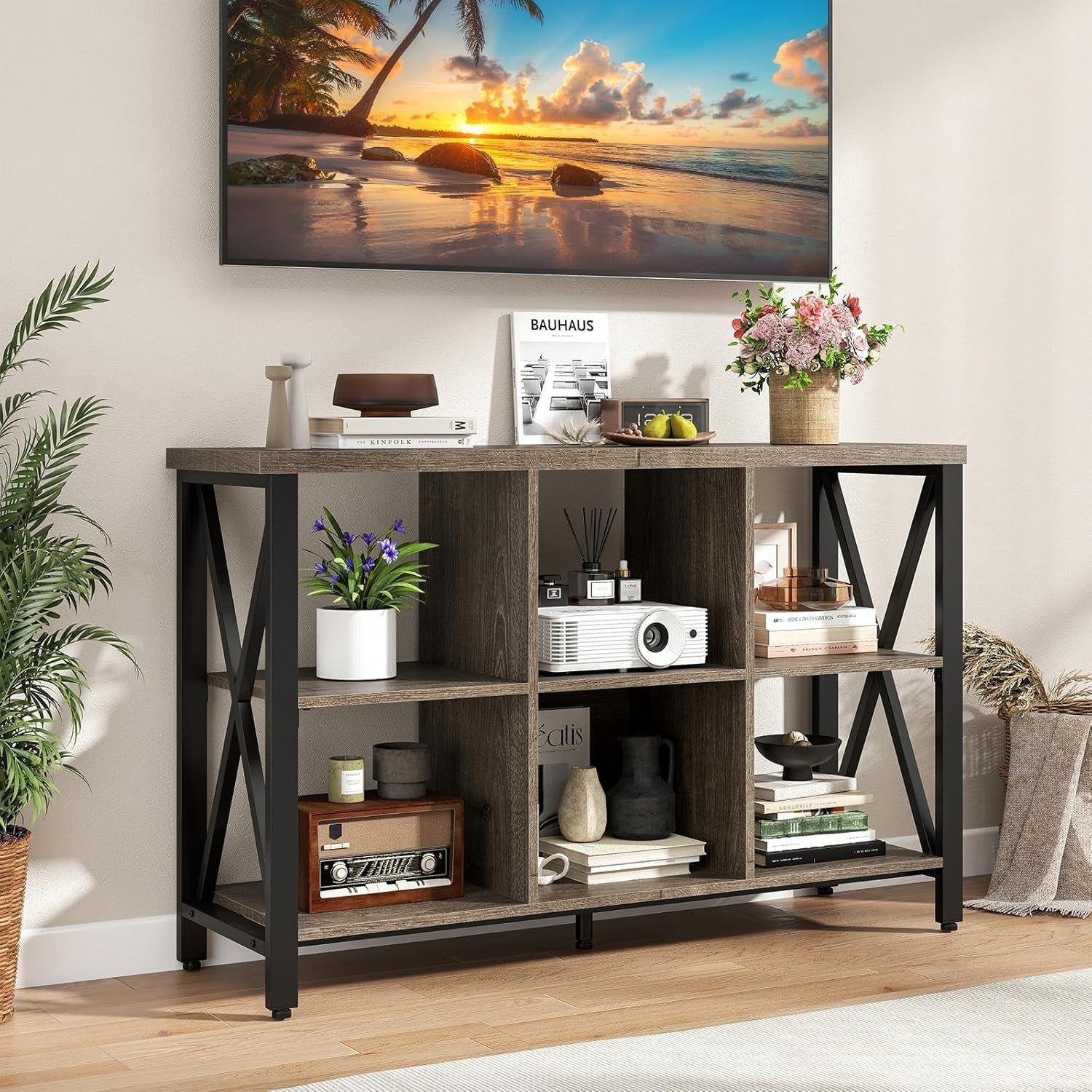 6-Cube Grey Storage Bookcase Industrial Metal Frame Durable 120x35x76cm