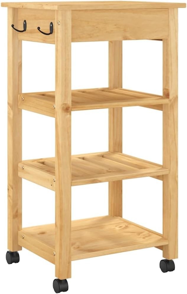 Pine Wood Kitchen Trolley Cart w Drawer Shelves Wheels