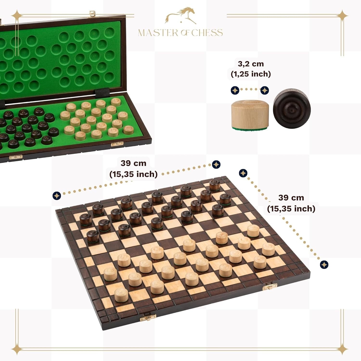 39cm Wooden Checkers Board | XXL 100-Square Folding Draughts Set | Travel Game