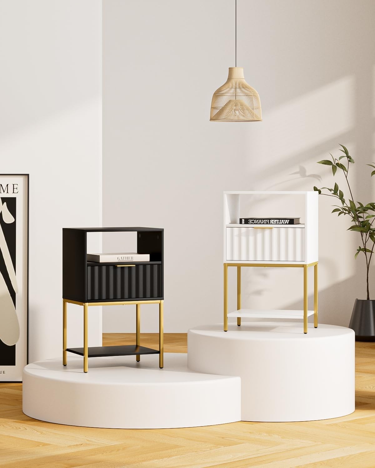 White Bedside Table with Gold Frame – Modern 3-Tier Storage Side Table