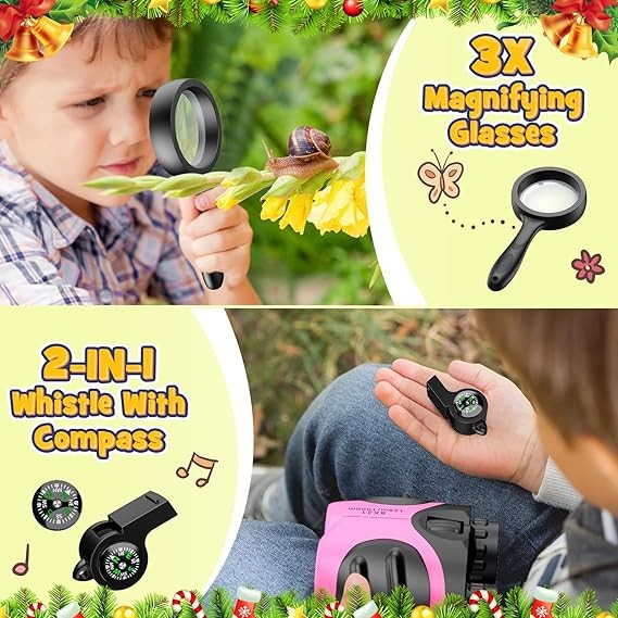 Kids 8x21 Waterproof Binoculars with Compass & Whistle Outdoor Explorer Pink