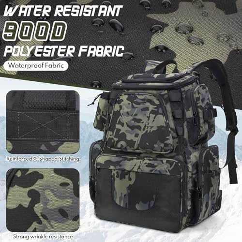 38L Fishing Tackle Backpack Waterproof with Rod Holder for Hiking & Travel