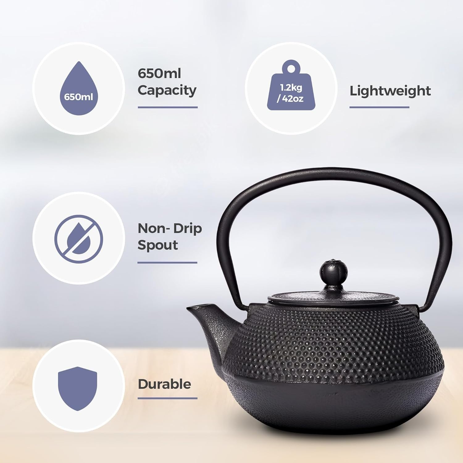 Cast Iron Teapot 650ml Chinese Tetsubin Tea Pot w Infuser Black Hobnail