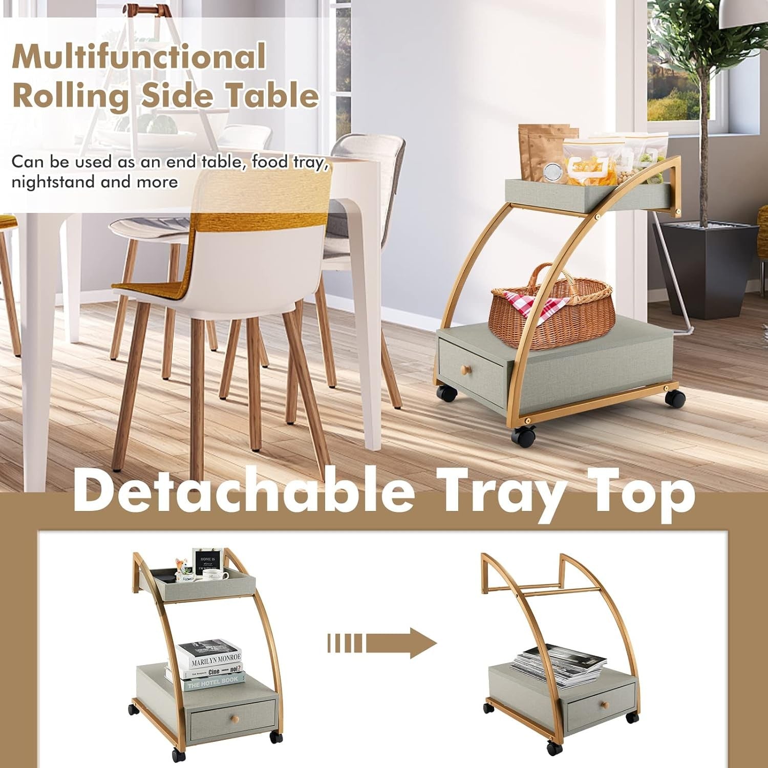 Rolling Sofa Side Table with Tray & Drawer | Mobile Bedside Cart on Wheels Gold