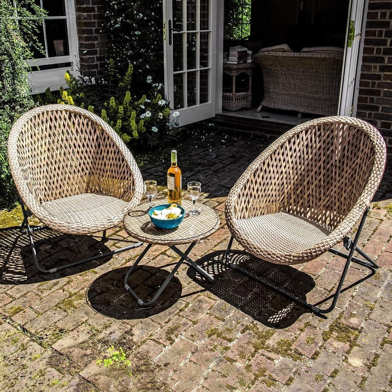 Rattan Bistro Set Garden Patio Egg Chairs & Glass Table Outdoor Set