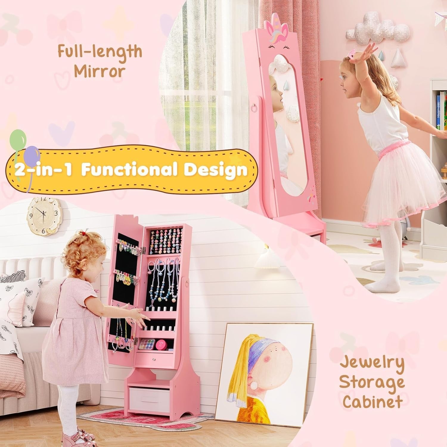 Kids Jewelry Armoire Mirror Storage Cabinet Adjustable Dress Up Organizer