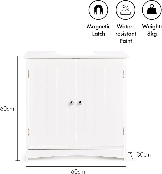 White Under Sink Bathroom Cabinet 60cm Vanity Unit with Shelves Shaker Doors