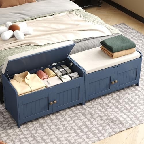 Blue Upholstered Shoe Storage Bench with Cushion Seat Cabinet Entryway 100x36x45