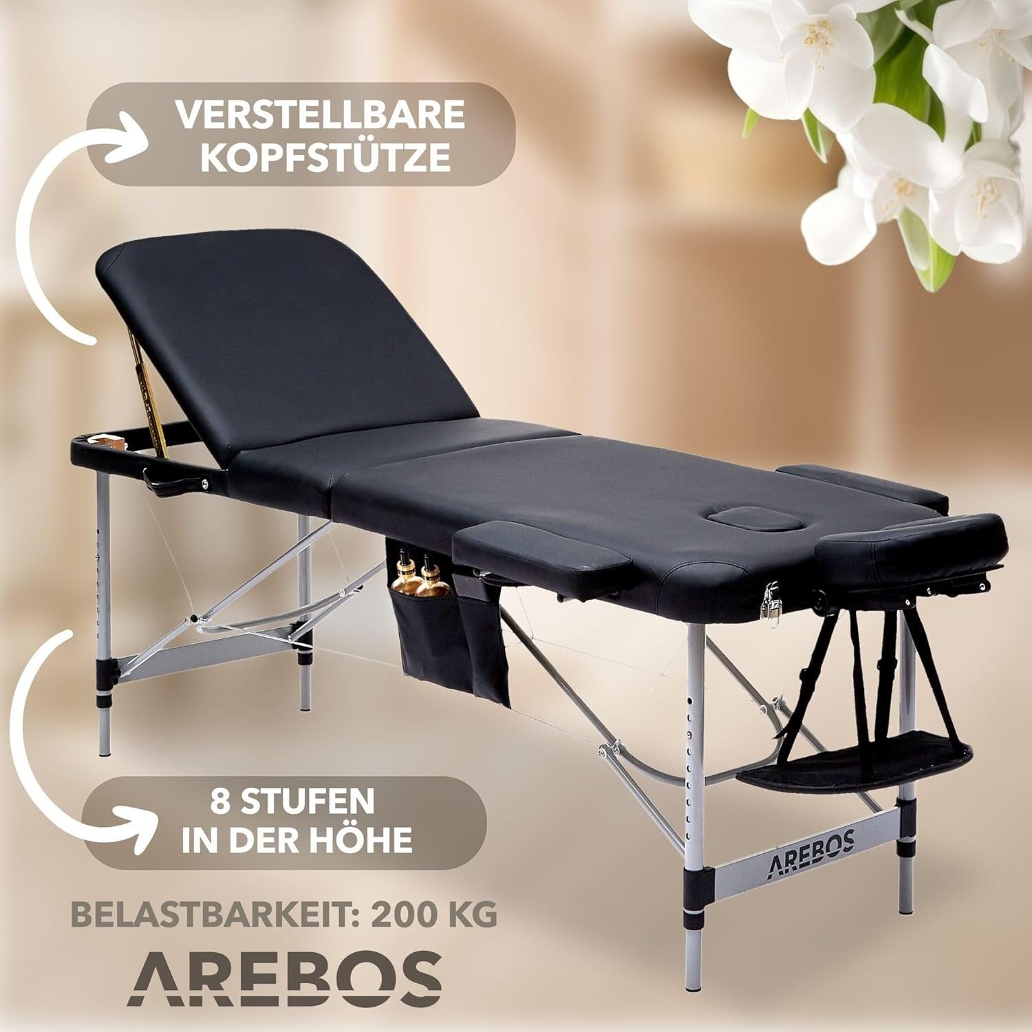 Arebos Portable Foldable Massage Table 3-Zone Height Adjustable Bed Black 60cm