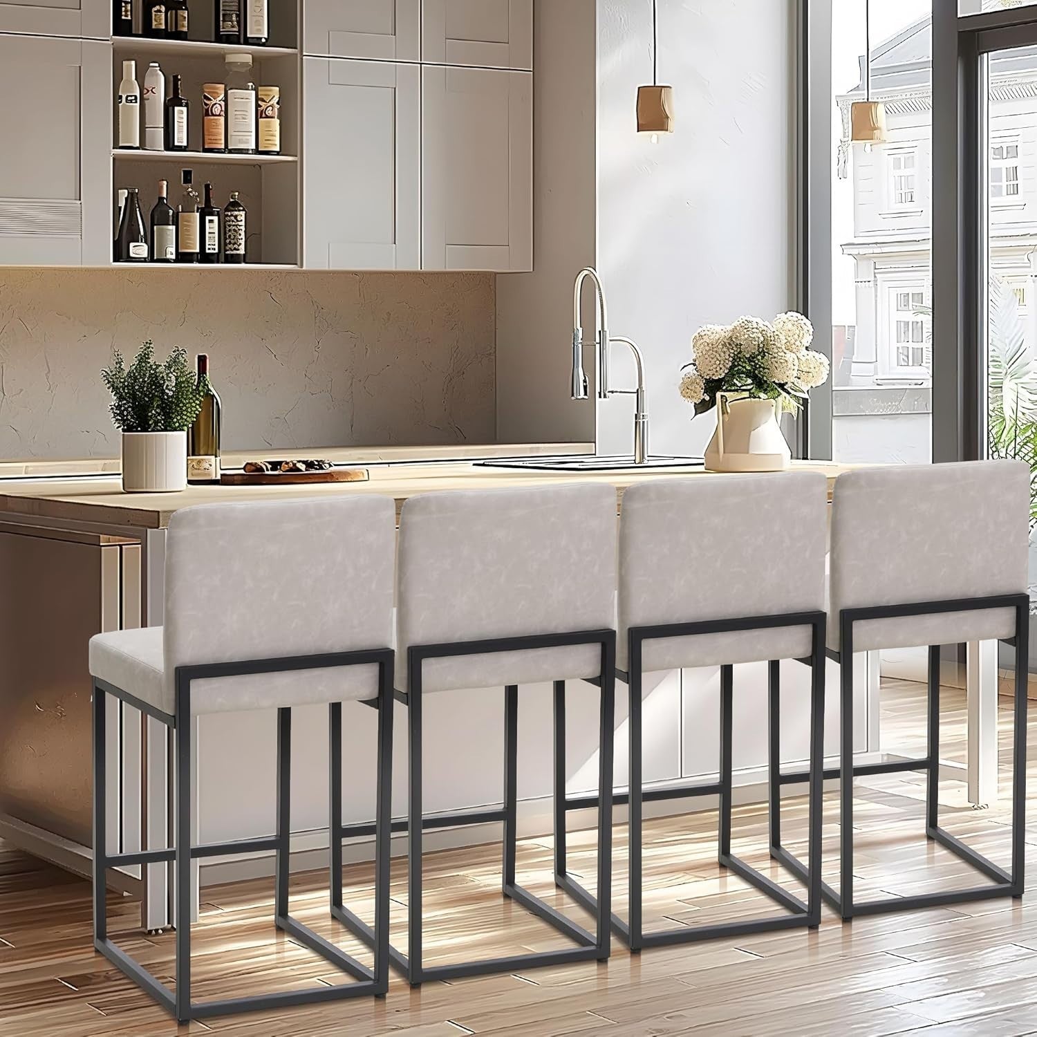 Modern Bar Stools Set of 2 Light Grey Faux Leather 47x47x60cm