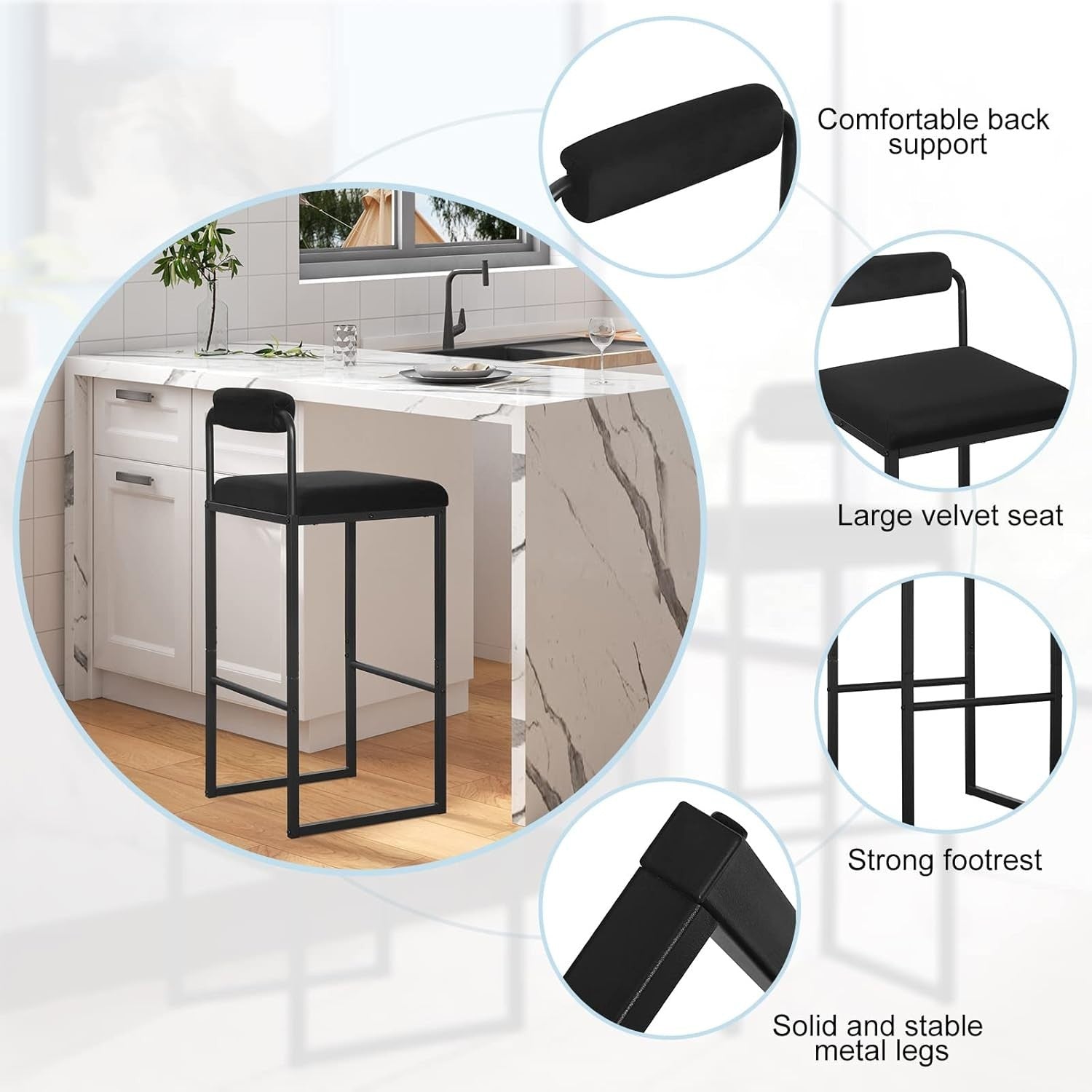 Bar Stools Set of 2 | Black Velvet L-Shaped Kitchen Breakfast Chairs