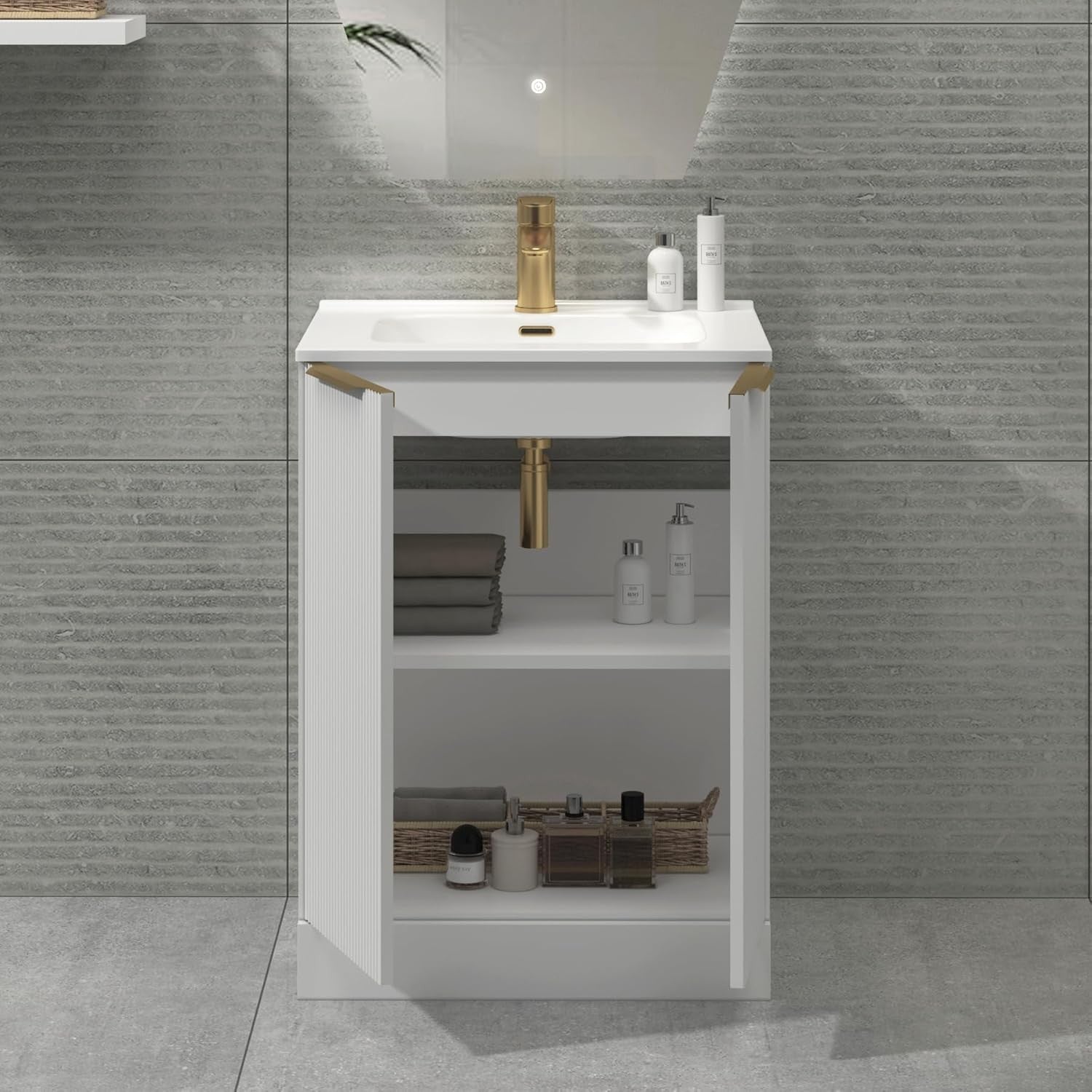 White 700mm Bathroom Vanity Unit with Basin & Brass Handles Floor Standing