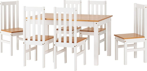 7-Piece Dining Set with 6 Chairs & Bench, White & Oak, Modern Kitchen Table