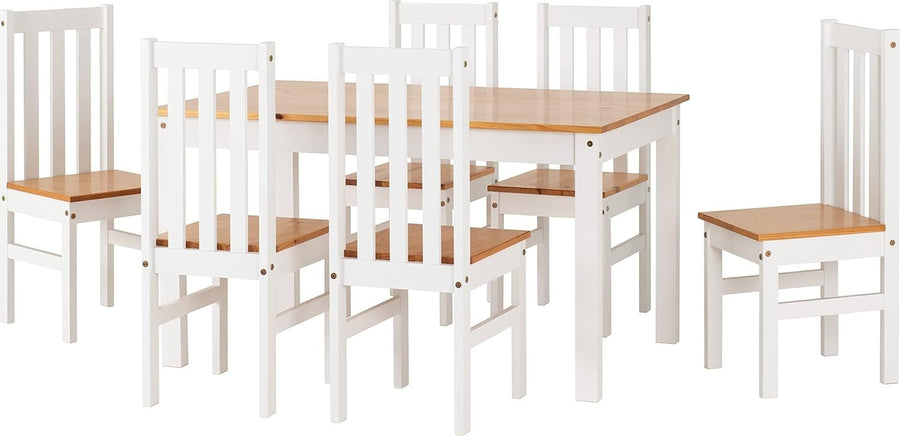 7-Piece Dining Set with 6 Chairs & Bench, White & Oak, Modern Kitchen Table
