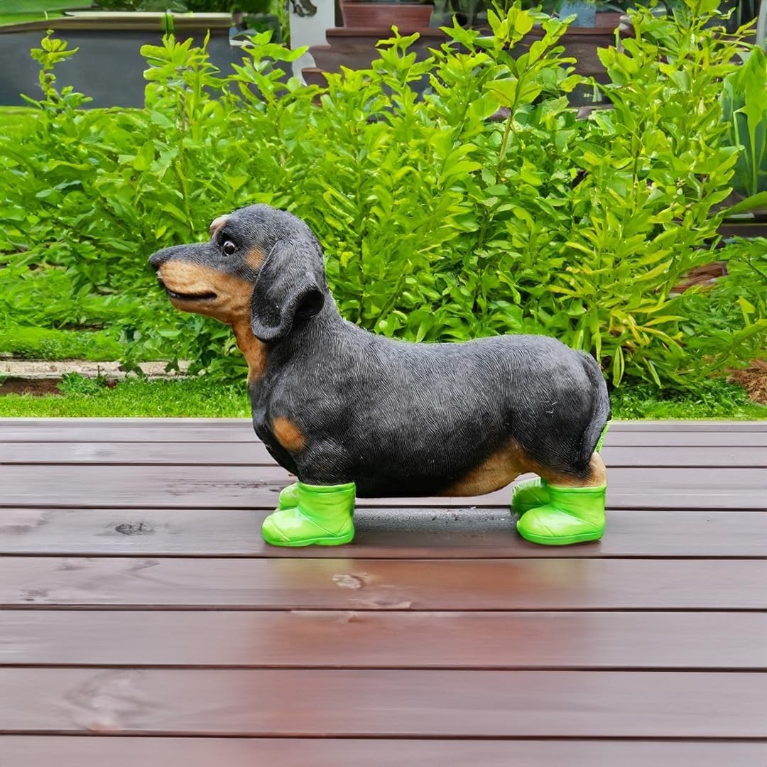 Miniature Dachshund Dog Garden Ornament 26cm Resin Sausage Dog in Boots Decor