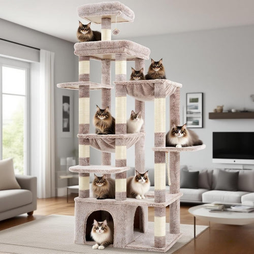 71 Inch Tall Cat Tree Mushroom Beige Large Cats Condo Tower with Hammocks