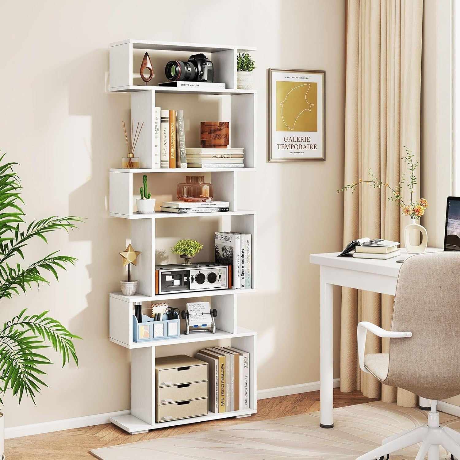 6-Tier S-Shaped Bookshelf Ladder Shelf with Anti-Tip Kits, White, Tall Storage