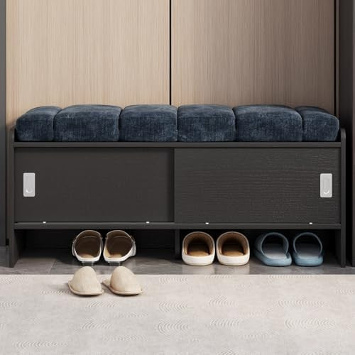 43.3" Modern Entryway Shoe Storage Bench with Sliding Doors, Blue