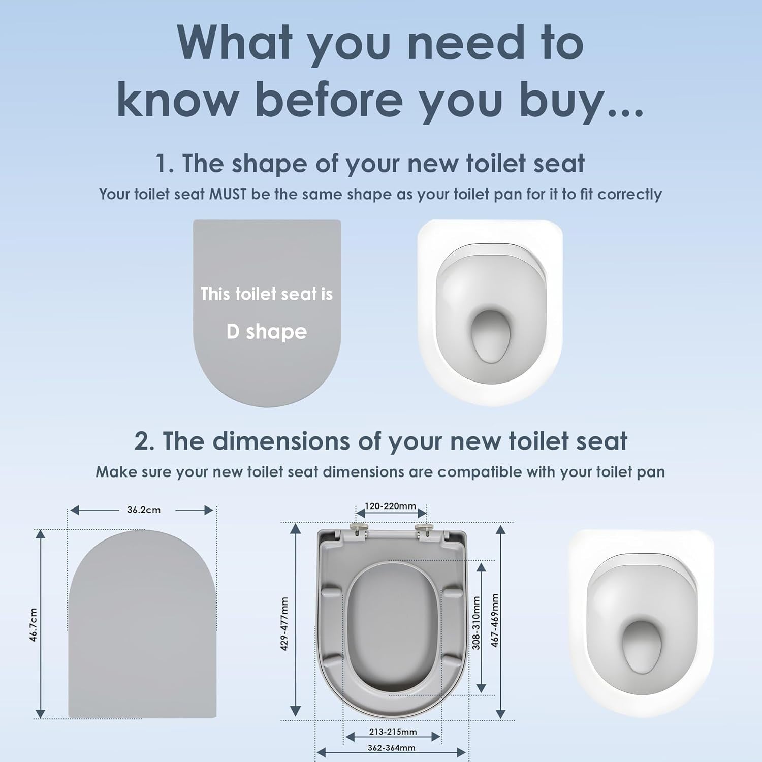Grey D-Shaped Toilet Seat Quick Release Top & Bottom Fix 45x36cm