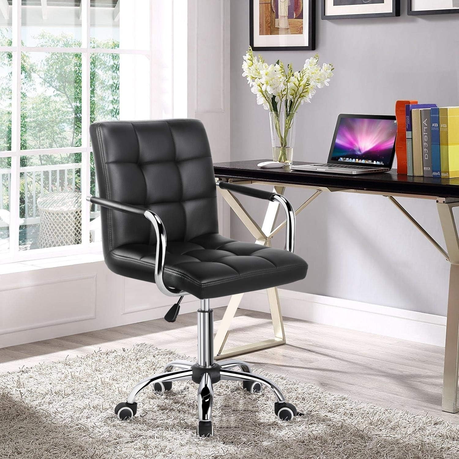 Office Desk Chair Faux Leather Swivel Adjustable Height Mid-Back Black