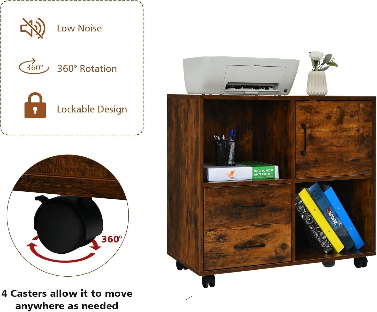 Rustic Brown Mobile File Cabinet 80cm Printer Stand Storage Unit