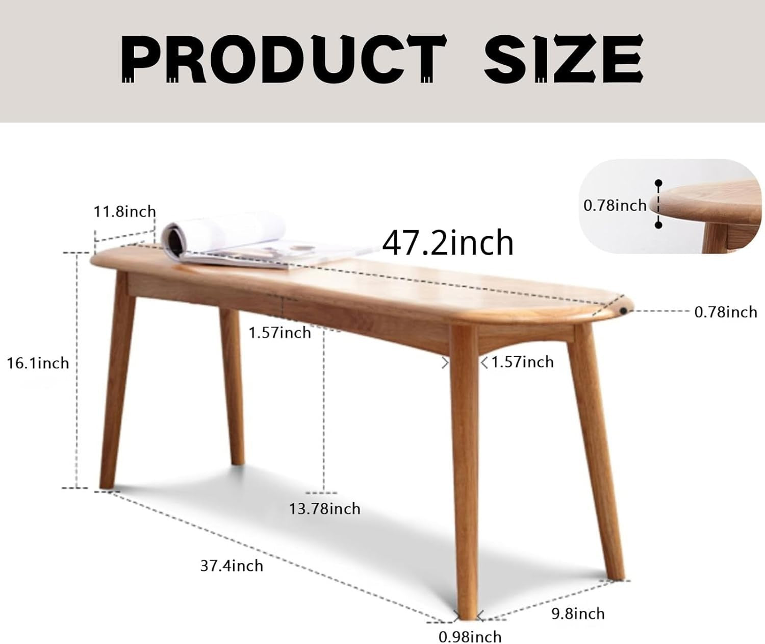 Solid Oak Wood Dining Bench Original Wood Color Half-Round Seat 47in
