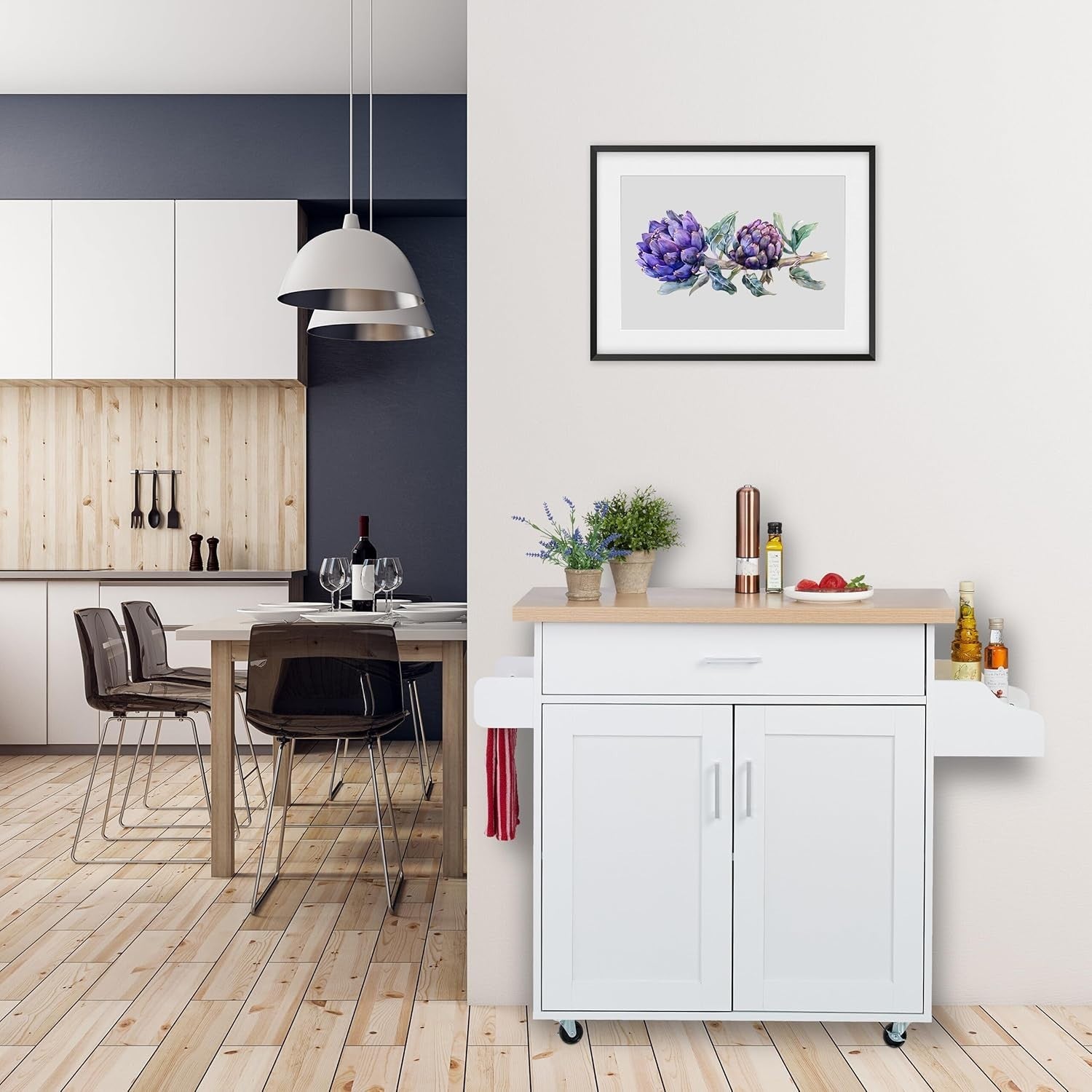 White Kitchen Trolley Cart with Drawer, Worktop & Storage – 114x39x90cm