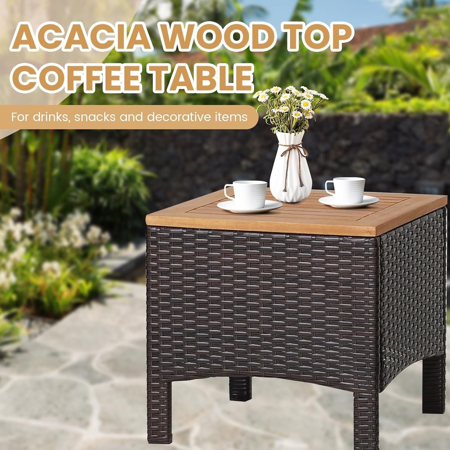 Rattan Garden Conversation Set Cushioned Armchairs Acacia Top Coffee Table
