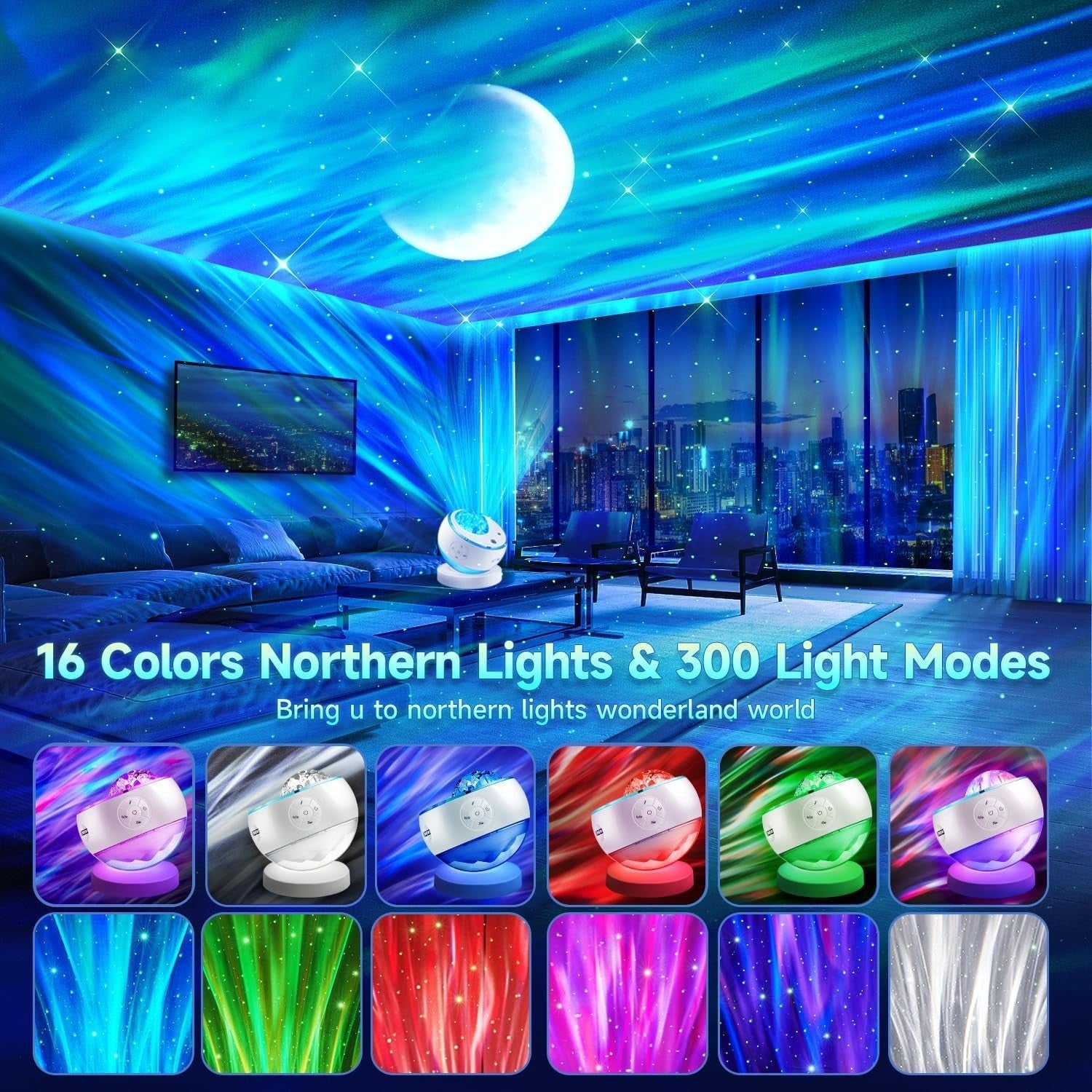 Galaxy Star Projector Night Light Bluetooth White Noise 16 Color Aurora