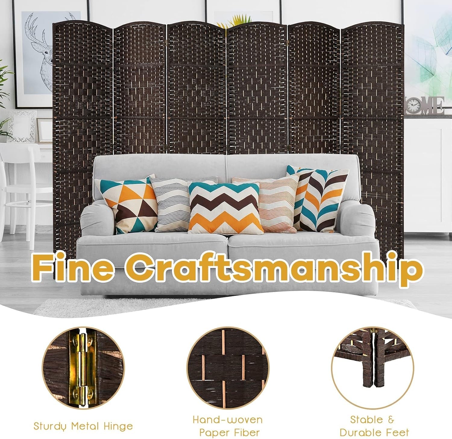 6 Panel Brown Wicker Folding Room Divider Privacy Screen for Home Office Décor