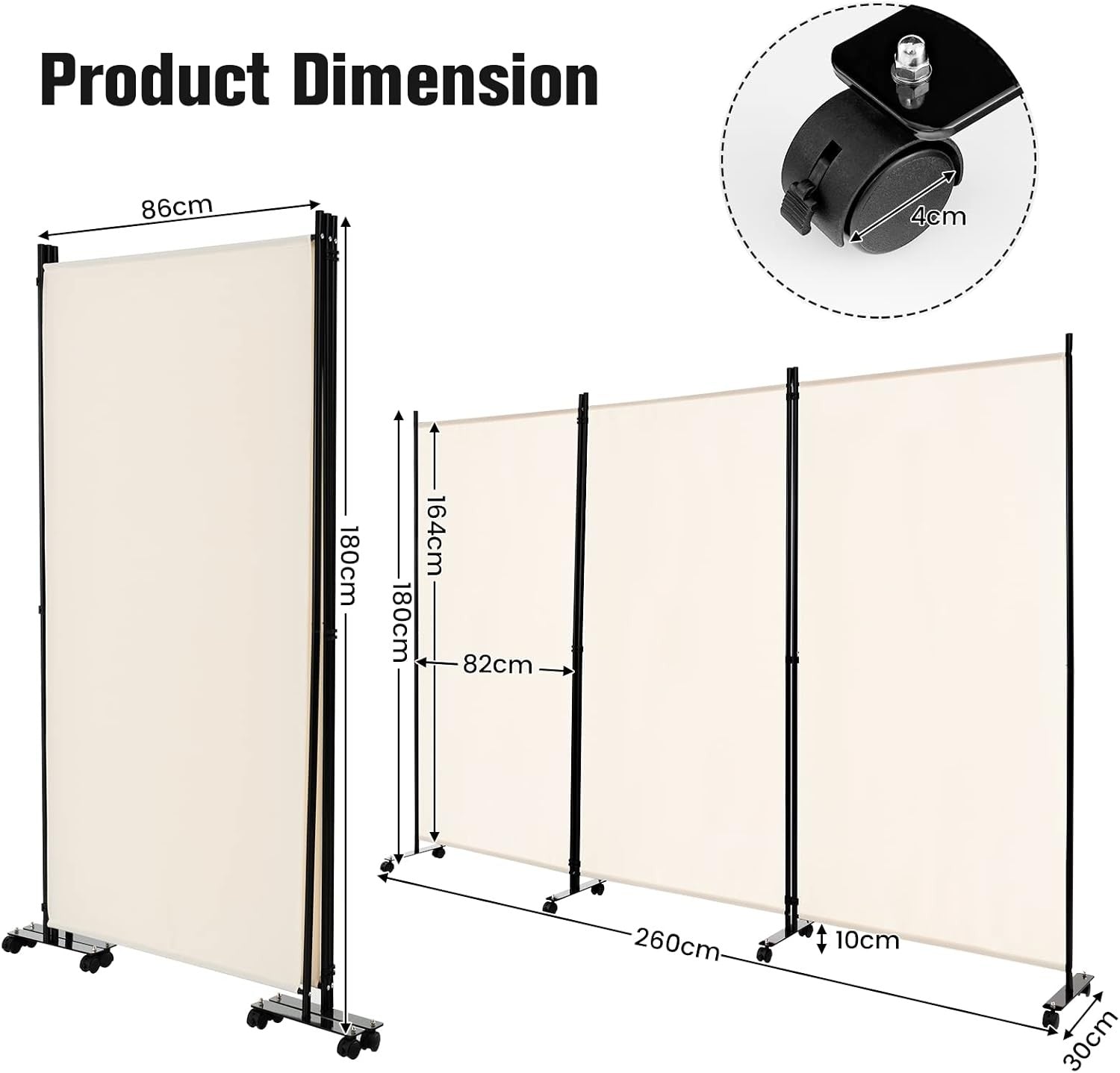 3 Panel Beige Folding Room Divider Privacy Screen on Wheels for Home Office